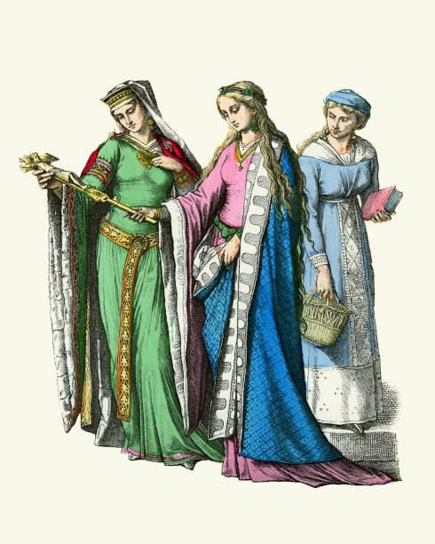 ilustrações, clipart, desenhos animados e ícones de mulheres alemãs do século xii, vestido verde e rosa, história da moda medieval - german culture people women germany