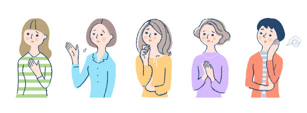 A set of 5 women in trouble Trouble, worry, negative, crying, sad, person, upper body elderly hands over face stock illustrations