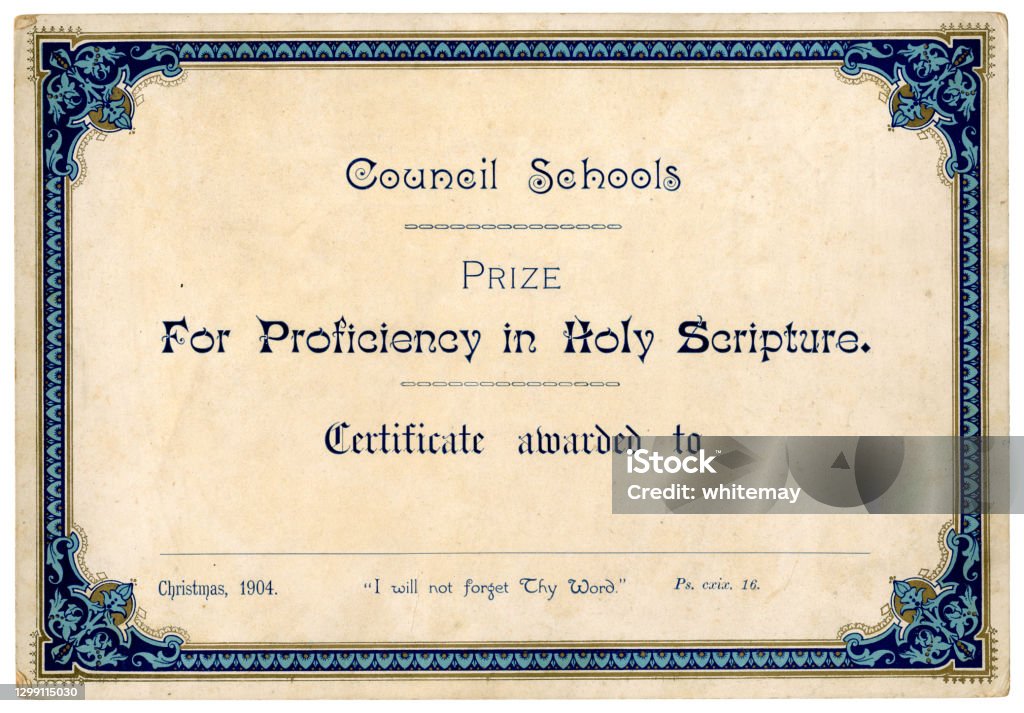 School scripture prize, 1904 A certificate earned by a pupil at a generic council school at Christmas 1904 “For proficiency in Holy Scripture”. (Identifying details removed.) Certificate Stock Photo