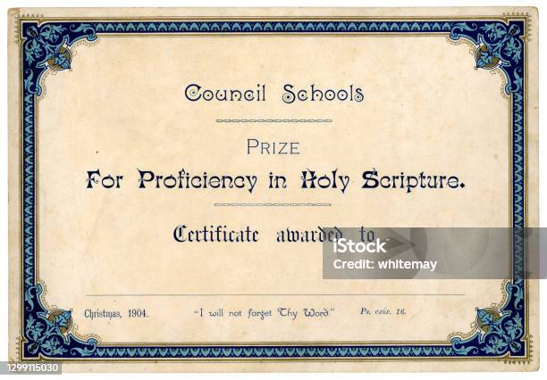 School Scripture Prize 1904 Stock Photo - Download Image Now - Certificate, Border - Frame, Old-fashioned