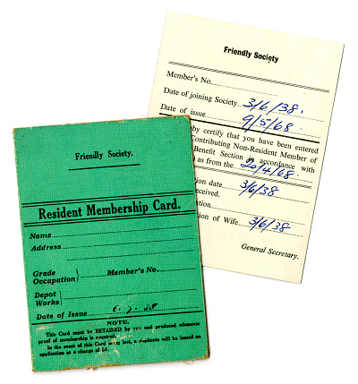 Two old membership cards for ‘friendly societies’ with the member having joined in 1938. All identifying details have been removed.