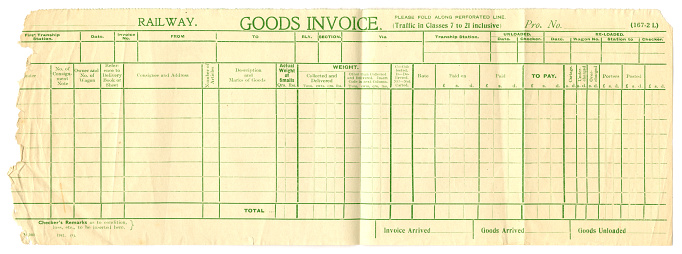An old British mid-twentieth century goods invoice from a railway company. All identifying details have been removed.
