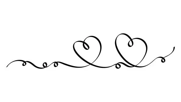 Vector illustration of Two hand drawn doodle hearts. Continuous line art drawing.