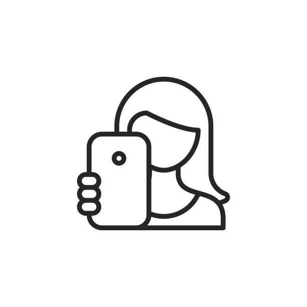 Woman Taking Photo/Selfie Line Vector Icon. Editable Stroke. Pixel Perfect. For Mobile and Web. Woman Taking Photo/Selfie Vector Line Icon with Editable Stroke on White Background. influencer stock illustrations