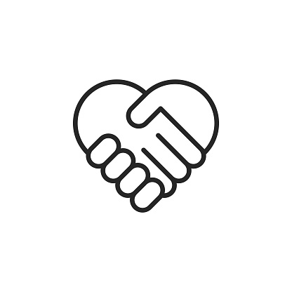 Heart Shaped Handshake  Vector Line Icon with Editable Stroke on White Background.