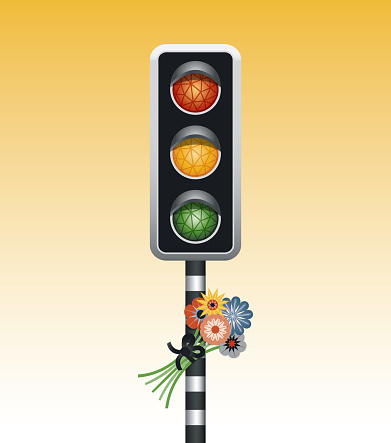 Vector illustration a stop light and flowers on a yellow background. EPS10 with global colors and transparencies. Layered file with individual elements for easy editing. Hi-res jpg included. This illustration is part of a series.
