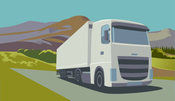 Lorries or Trucks Retro styled Lorries or Trucks on Urban motorway and landscapes. Suggesting Border issues after UK leaves European Union. Brexit, Border, economy, vintage tire stock illustrations