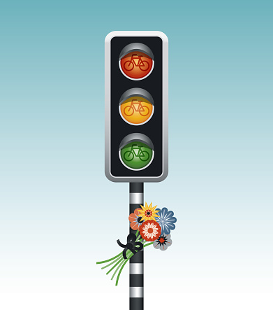 Vector illustration of a bike stop light and flowers. EPS10 with global colors and transparencies. Layered file with individual elements for easy editing. Hi-res jpg included. This illustration is part of a series.