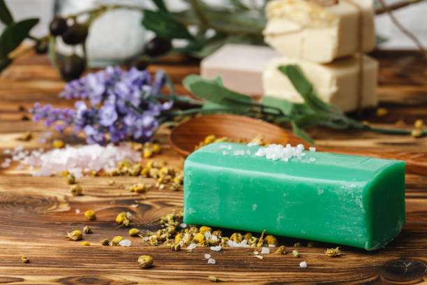 istock Natural handmade soap bars with flowers, close up 1299120506