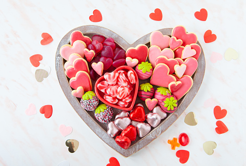 Colorful sweets in heart shaped for a happy valentines