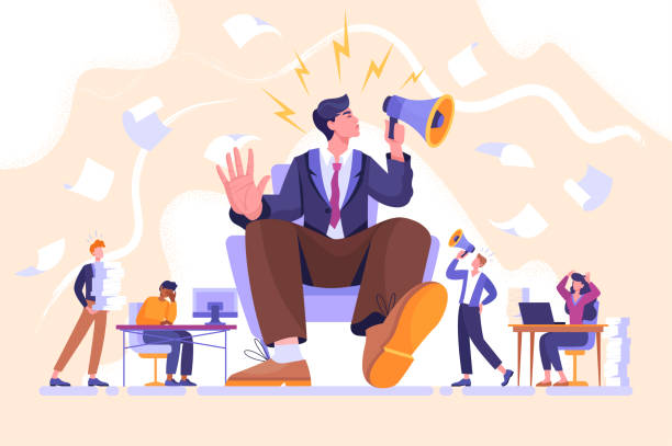 Arrogance abstract concept Arrogance or selfish management concept. Bossy manager doesnt listen to subordinates opinion. People shout out for haughty boss sitting in chair with megaphone. Flat cartoon vector illustration egocentric stock illustrations