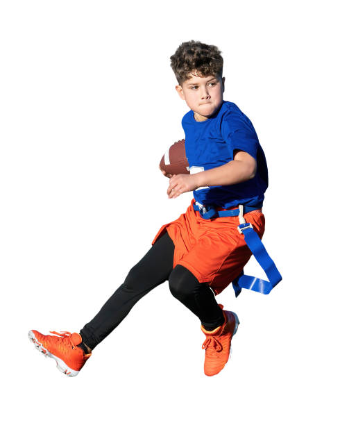 Young Athletic Boy Playing Flag Football Young boy (child) in orange and blue playing in a youth flag football game broad catch stock pictures, royalty-free photos & images