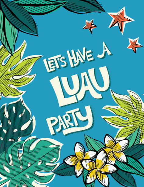 Fun Vintage BBQ Luau Invitations Retro barbecue party invitation templates. Text is on its own layer for easy removal. Hand drawn elements in flat colors. Elements can be released form the clipping mask for editing. luau stock illustrations