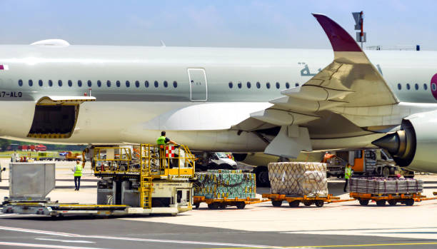 air freight being loaded at milan airport - boeing 787 air vehicle airplane imagens e fotografias de stock