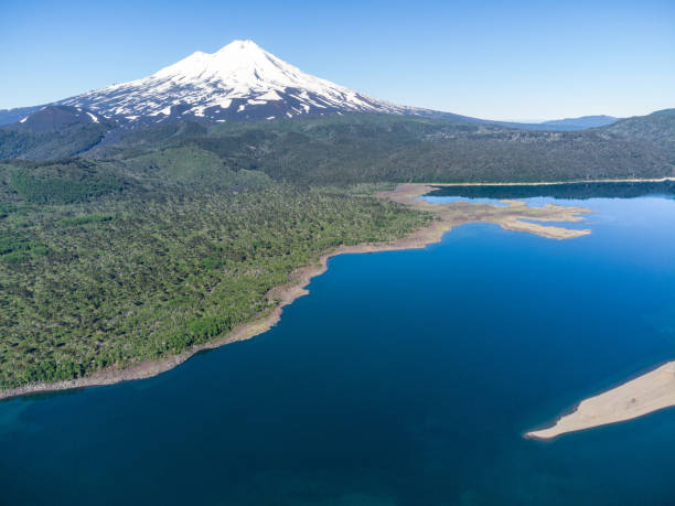 Aerial view of Llaima volcano and Conguillio lake in Conguillio National Park, La Araucania region, southern Chile