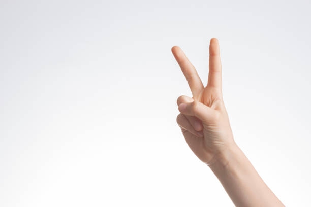 Kid hand shows victory gesture, point number two on white wall background Kid hand shows victory gesture, point number two on white wall background. number 2 photos stock pictures, royalty-free photos & images