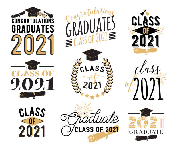 Congratulation graduation wishes overlays, lettering labels design set. Retro graduate class of 2021 badges. Hand drawn emblem with sunburst, hat, diploma, bell. Isolated on white background.