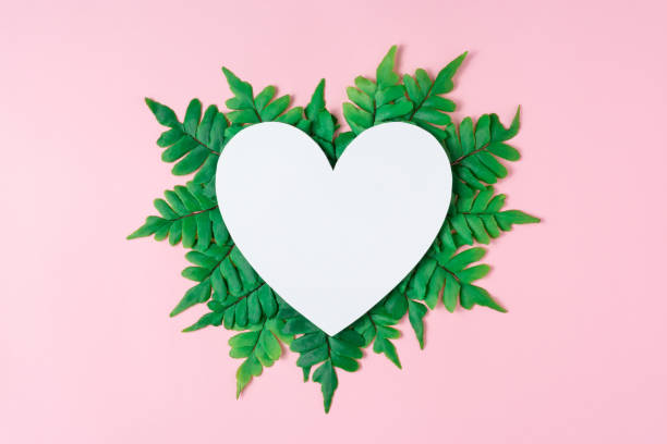 istock Creative concept green leaves with heart shape paper card note. Nature concept. Flat lay. 1299132827