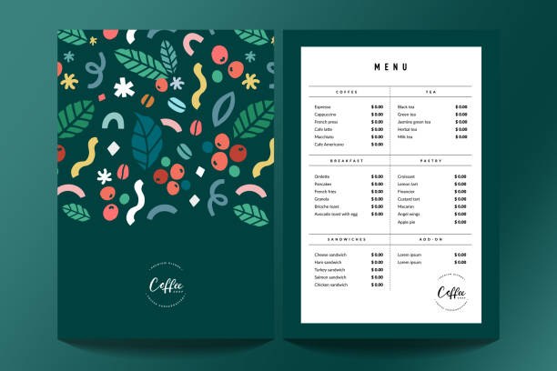 kahve dükkanı menü tasarım şablonu, kapaklı cafe menü kartı şablonu. önceden yazılabilir düzen. i̇çecek vektör a4 el ilanı, modern minimalist tasarım. elle çizilmiş illüstrasyon - kahve stock illustrations