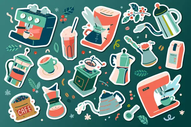 Vector illustration of Coffee sticker set, barista tools, coffee mug and cup, grinder and roasted coffee beans. Coffee machine makers for various ways of brewing and preparing espresso, cold brew, cappucino