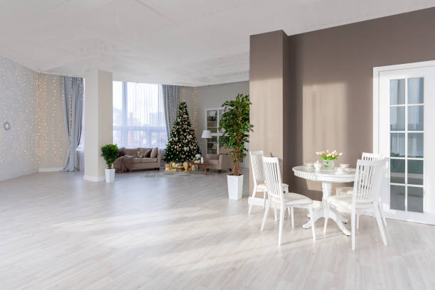 istock Luxurious and expensive interior of an open-plan apartment in light colors. 1299134550