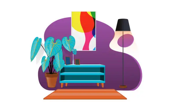 Vector illustration of vector illustration of modern home interior with houseplant,lamp,abstract decorative picture hanging on the wall