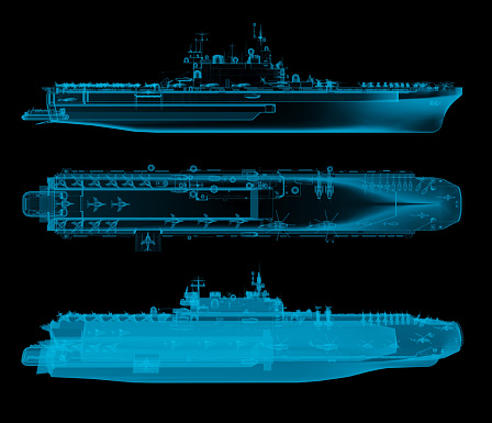 aircraft carrier side and top view in x-ray. 3d rendering