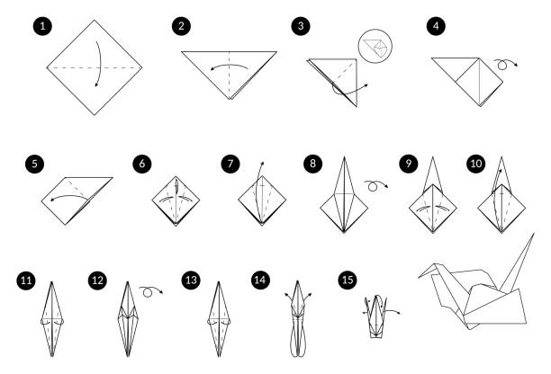 diy tutorial, wie man origami-kran aus papier zu machen - origami stock-grafiken, -clipart, -cartoons und -symbole