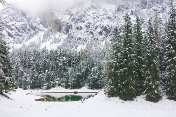 incredibile paesaggio invernale con montagne innevate e acque limpide del lago verde (gruner see), famosa destinazione turistica nella regione della stiria, austria - gruner foto e immagini stock