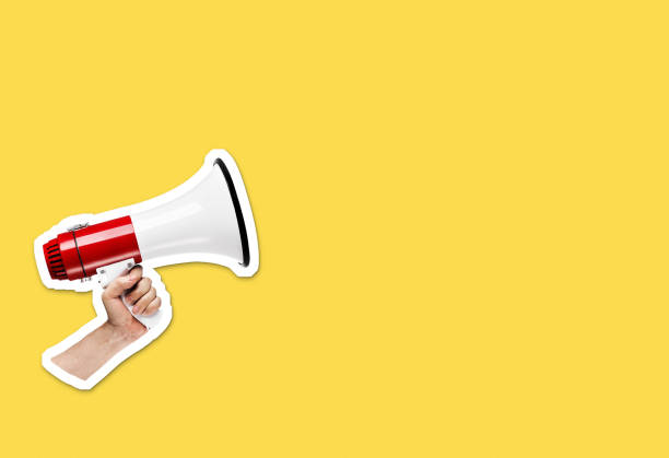 Hand holding megaphone on yellow background magazine collage