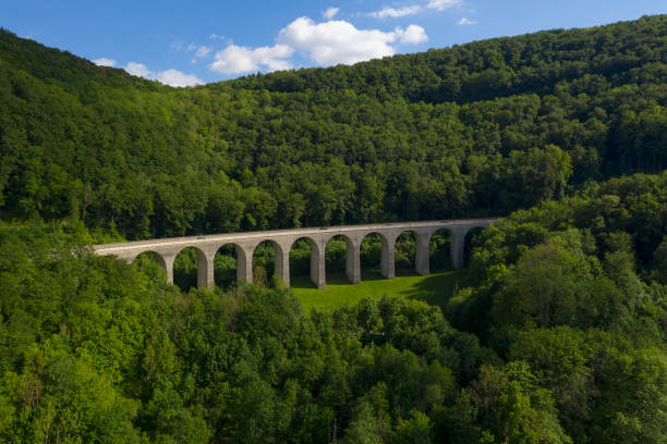 Traffic on a highway arch bridge over green forest, viewed from above.