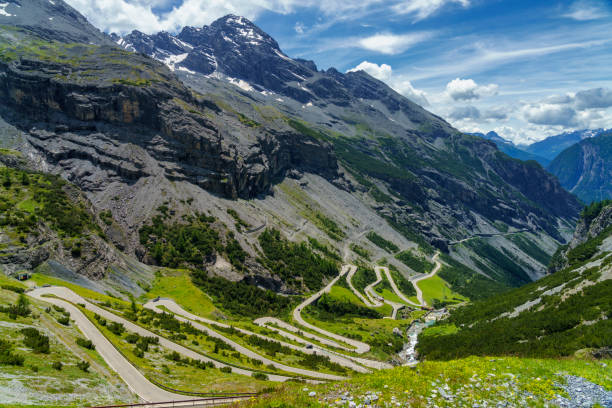 Mountain landscape along the road to Stelvio pass (Lombardy) at summer stock photo