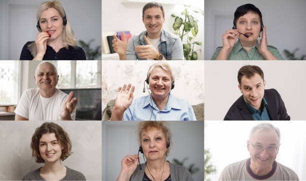 istock Many portraits faces of diverse young and aged people webcam view, while engaged in videoconference on-line meeting lead by businessman leader. Group video call application easy usage concept 1299143584