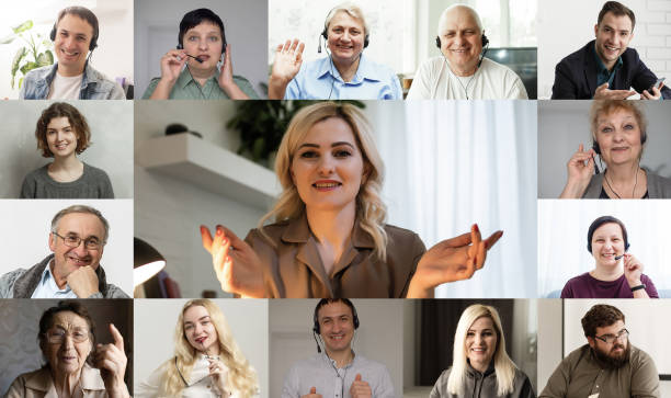 Many portraits faces of diverse young and aged people webcam view, while engaged in videoconference on-line meeting lead by businessman leader. Group video call application easy usage concept