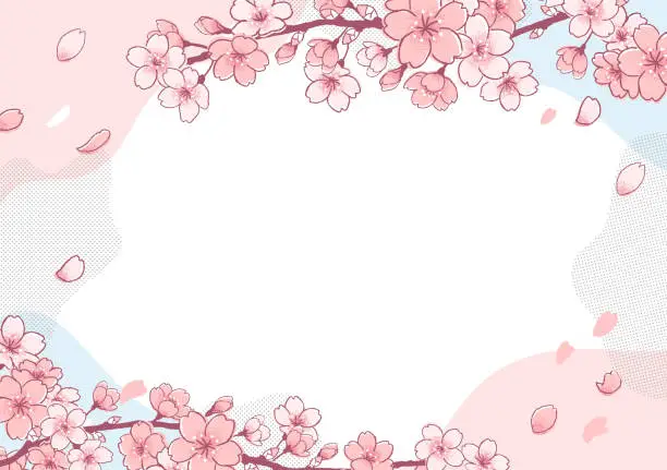 Vector illustration of A cute handwritten touch illustration of cherry blossoms and Yoshino cherry tree. Banner with logo