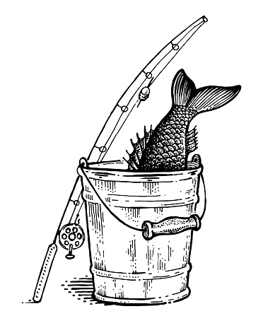Fishing rod and bucket with fish, black and white illustration. Vector image.