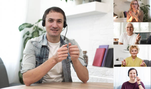 istock Many portraits faces of diverse young and aged people webcam view, while engaged in videoconference on-line meeting lead by businessman leader. Group video call application easy usage concept 1299145180