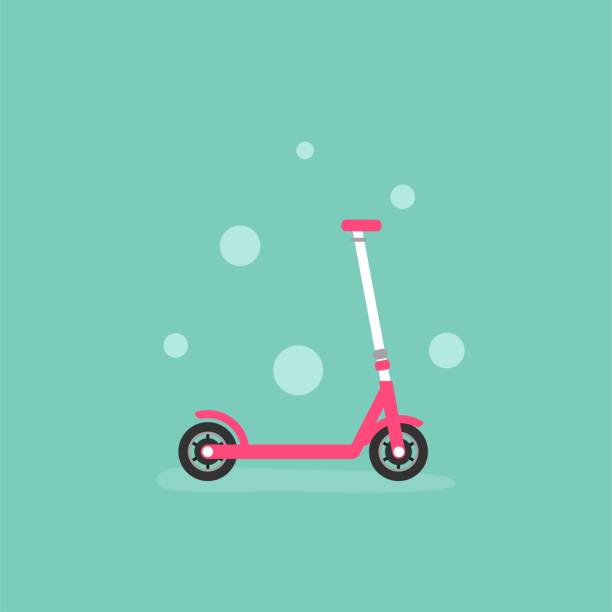 istock Pink kick scooter or balance bike icon. Flat push scooter on turquoise background. 1299145373