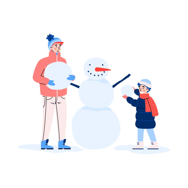 행복한 가족은 함께 눈사람을 벡터 일러스트레이션으로 만듭니다. - snowman snowball men christmas stock illustrations