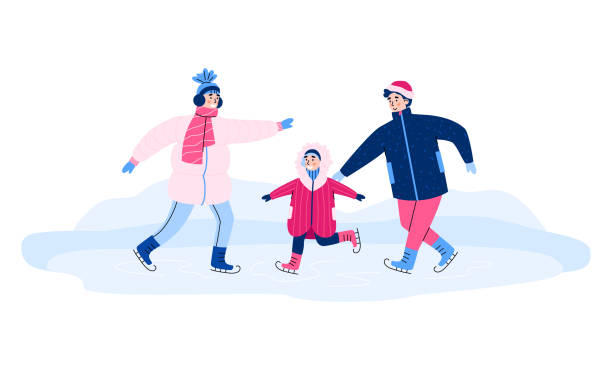 ilustrações de stock, clip art, desenhos animados e ícones de family with child skating on the ice rink cartoon vector illustration isolated. - winter men joy leisure activity