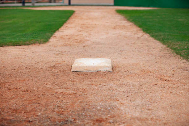 istock Selective focus low angle view of a baseball infield looking toward home from third base 1299146524