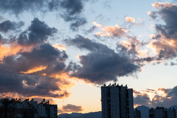 Dramatic moody sky with red and dark gray clouds during sunset. City buildings are seen on the down side of frame. No people are seen in frame. Shot with a full frame mirrorless camera.