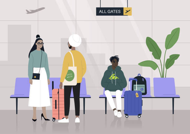 poczekalnia terminalu lotniska, postacie siedzące i stojące z bagażem przed lotem - women travel tourist suitcase stock illustrations