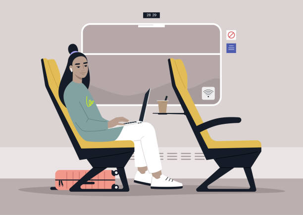 illustrations, cliparts, dessins animés et icônes de la jeune banlieusard asiatique femelle monte un train à côté d’une fenêtre, d’un mode de vie moderne et d’un voyage - baggage wagon