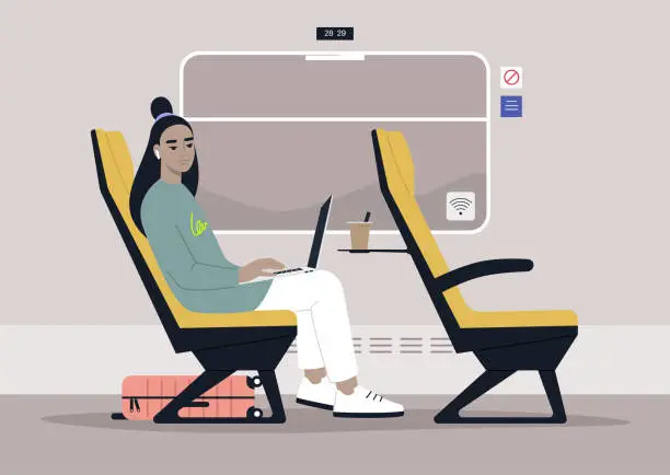 Vector illustration of Young female Asian commuter rides a train next to a window, modern lifestyle and travel