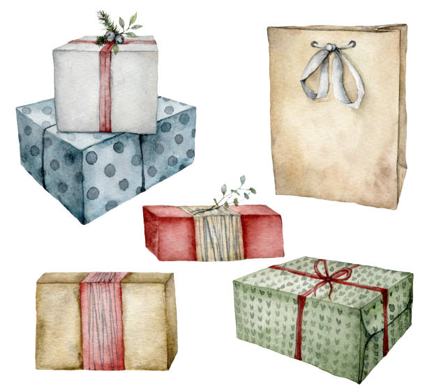 ギフトボックスとパッケージが入ったウォーターカラークリスマスセット。手は白い背景に孤立した弓とカラフルな箱を描いた。デザイン、印刷、ファブリック、背景のための休日のイラス� - christmas gift giftwrap old fashioned点のイラスト素材／クリップアート素材／マンガ素材／アイコン素材