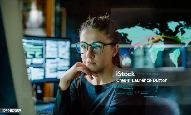 Young Woman Global Communications Stock Photo - Download Image Now - Data, Technology, Analyzing