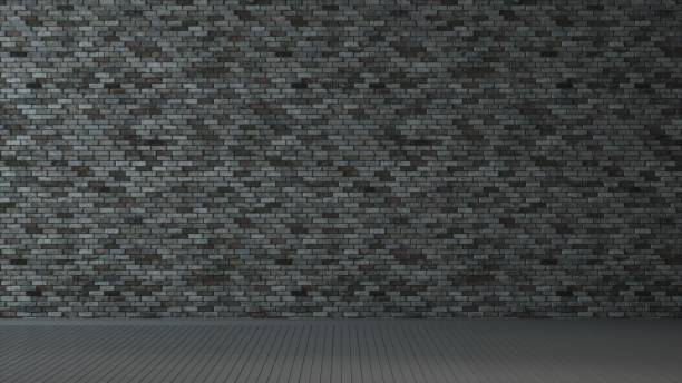 istock Interior room with dark grey brick wall and wooden floor. 3d illustration 1299152154