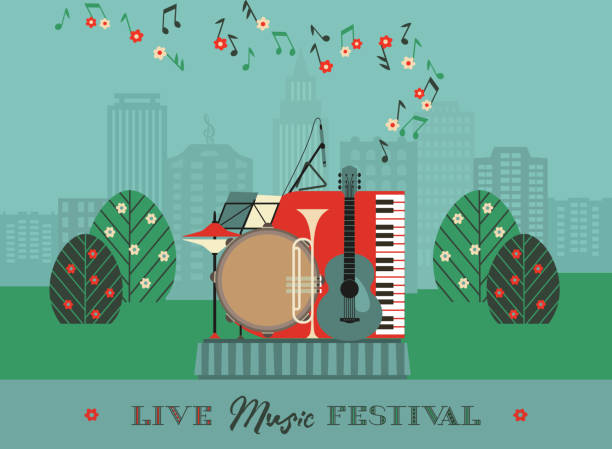 Live Music Outdoor Festival Poster Template Live Music Outdoor Festival Poster Vector Template. Spring Summer Musical performance background. Musical instruments in City garden cartoon design element. Live sound entertainment flyer illustration russia city spring stock illustrations