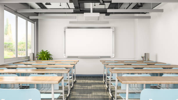 пустой интерьер классной комнаты или презентационого зала со столами, стульями и доской, 3d рендеринг - whiteboard education school university стоковые фото и изображения